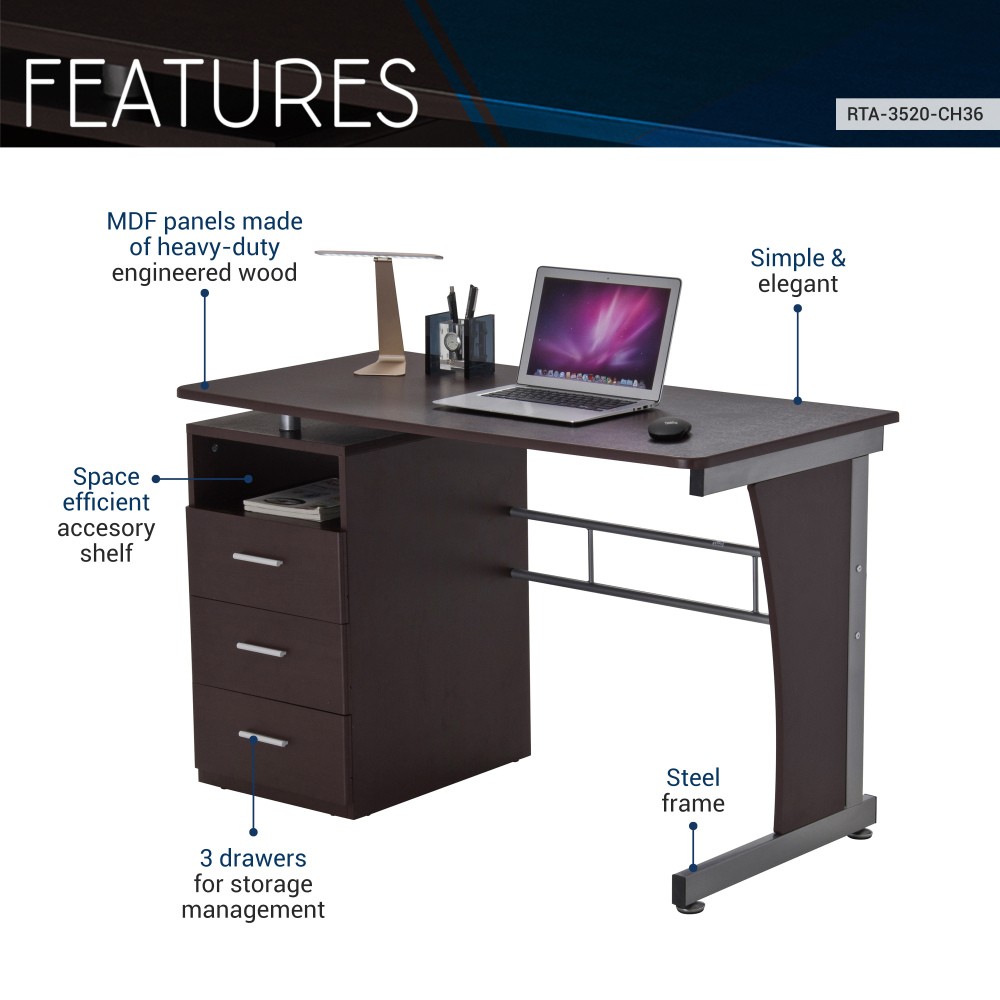 Computer Desk w/ 3 Drawers - Elevated Desktop - Moisture-Resistant MDF Top