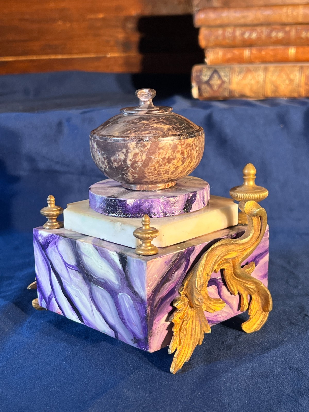 Napoleon III Style French Inkwell With Gilt Bronze Appliques and Marble Basin