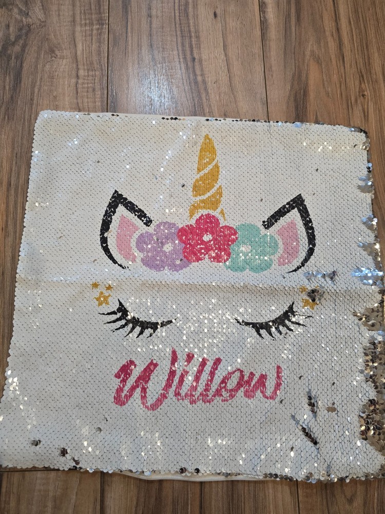 sequin unicorn pillowcase with the name Willow