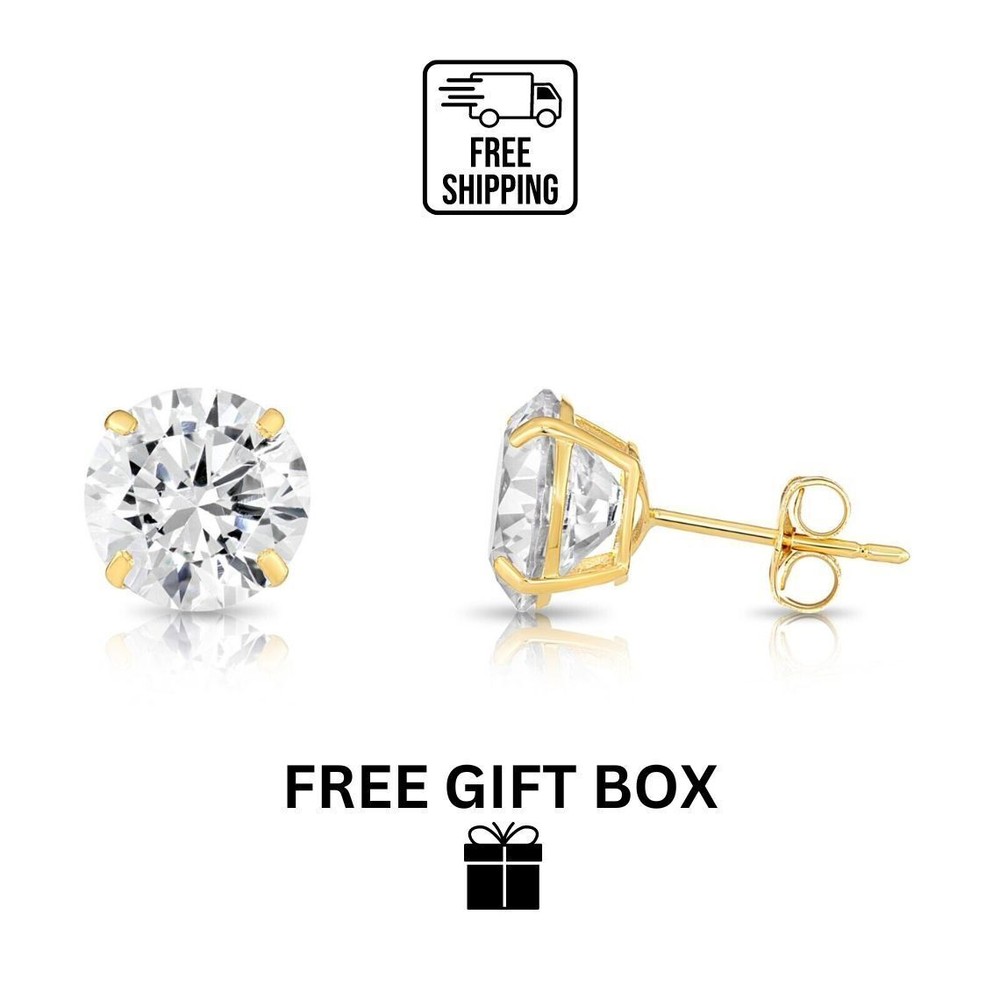 14K Solid Yellow/White Gold Round CZ Stud Earrings Basket Setting 2-10mm