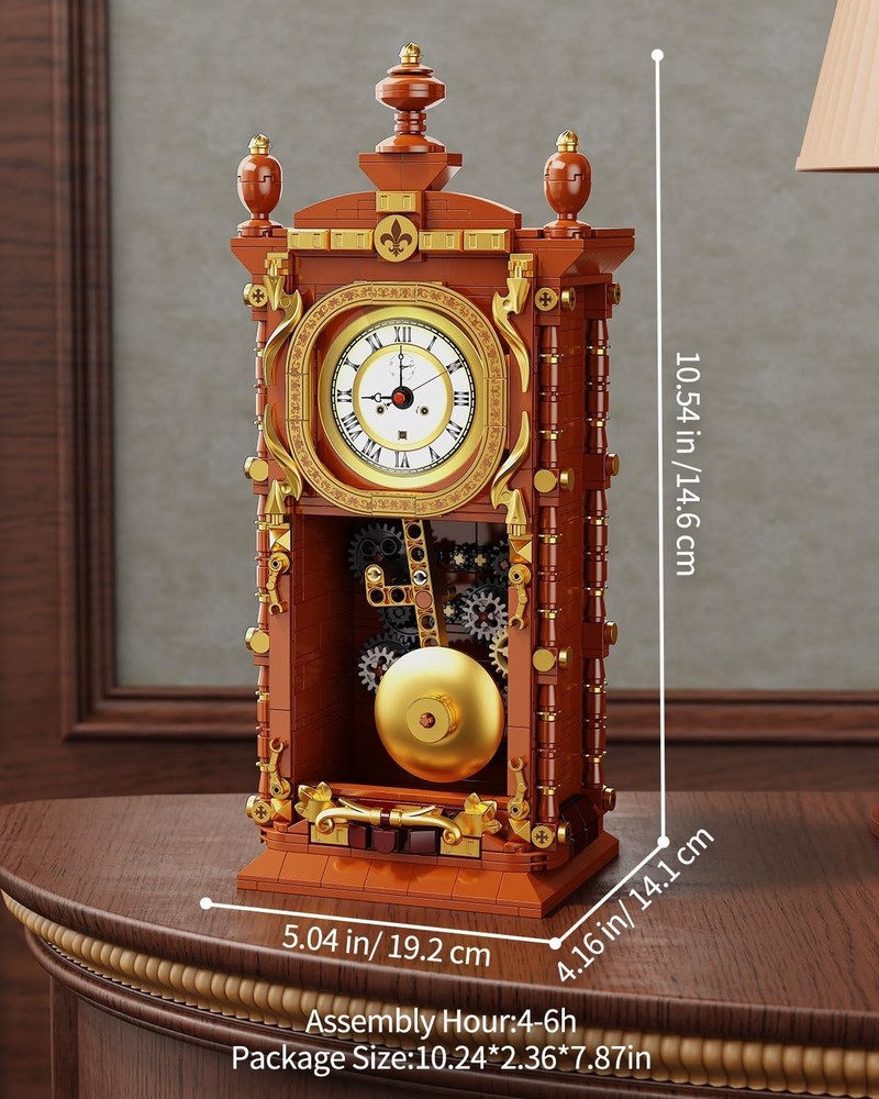 Vintage Pendulum Clock Building Block Set, Stem Toy with Real Clock Function and