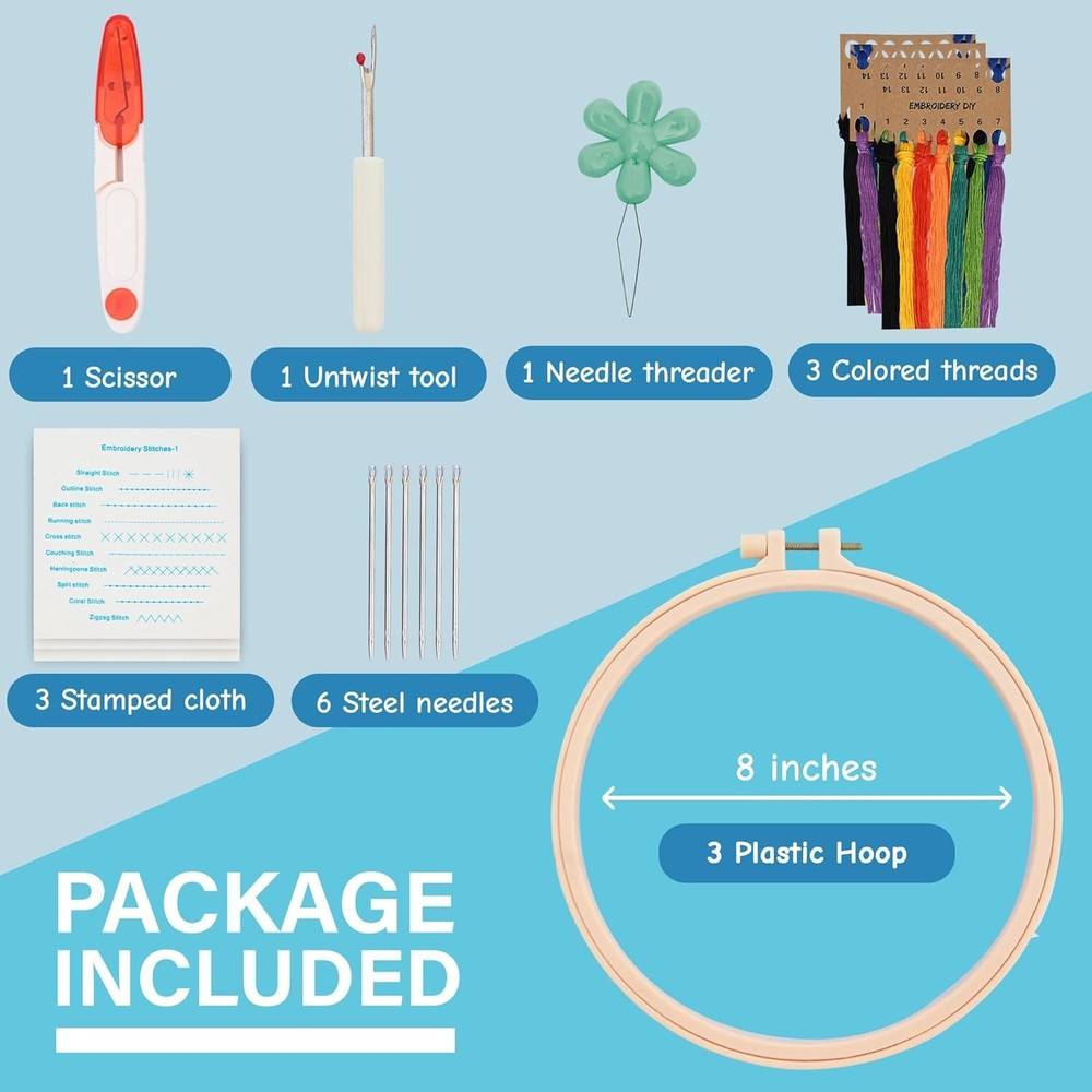 Beginner Embroidery Kit – Learn 28 Stitches Small, Practice Patterns