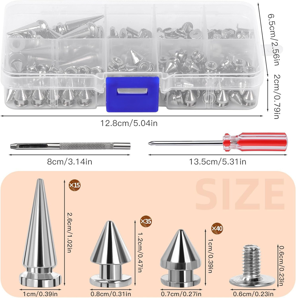 80 Pieces Multiple Sizes Cone Spikes, Screwback Studs Rivets, 3 Sizes Metal Tree