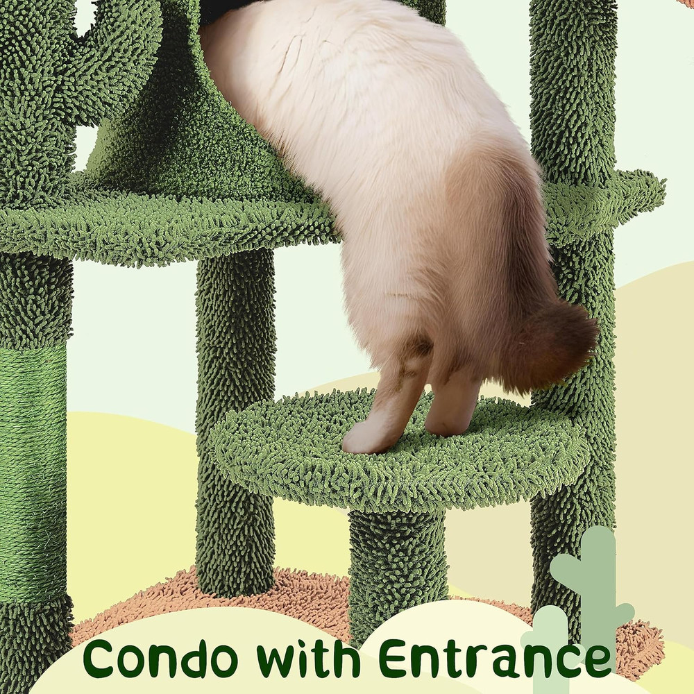 Cactus Cat Tree Tower - 53.5" Multi-Level Playhouse with Scratching Post & Perch
