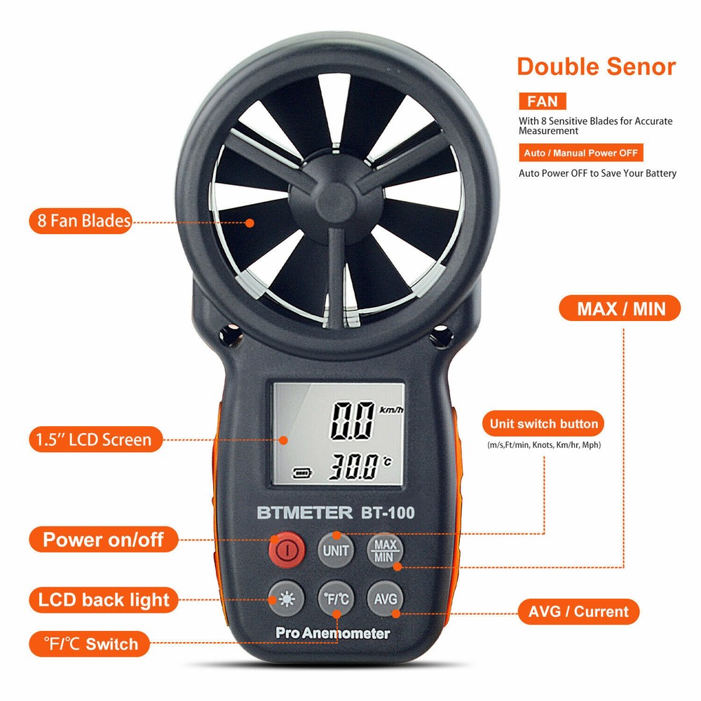 6.5" BT-100-APP Wind Speed Meter Anemometer Handheld Digital Air Flow Velometer
