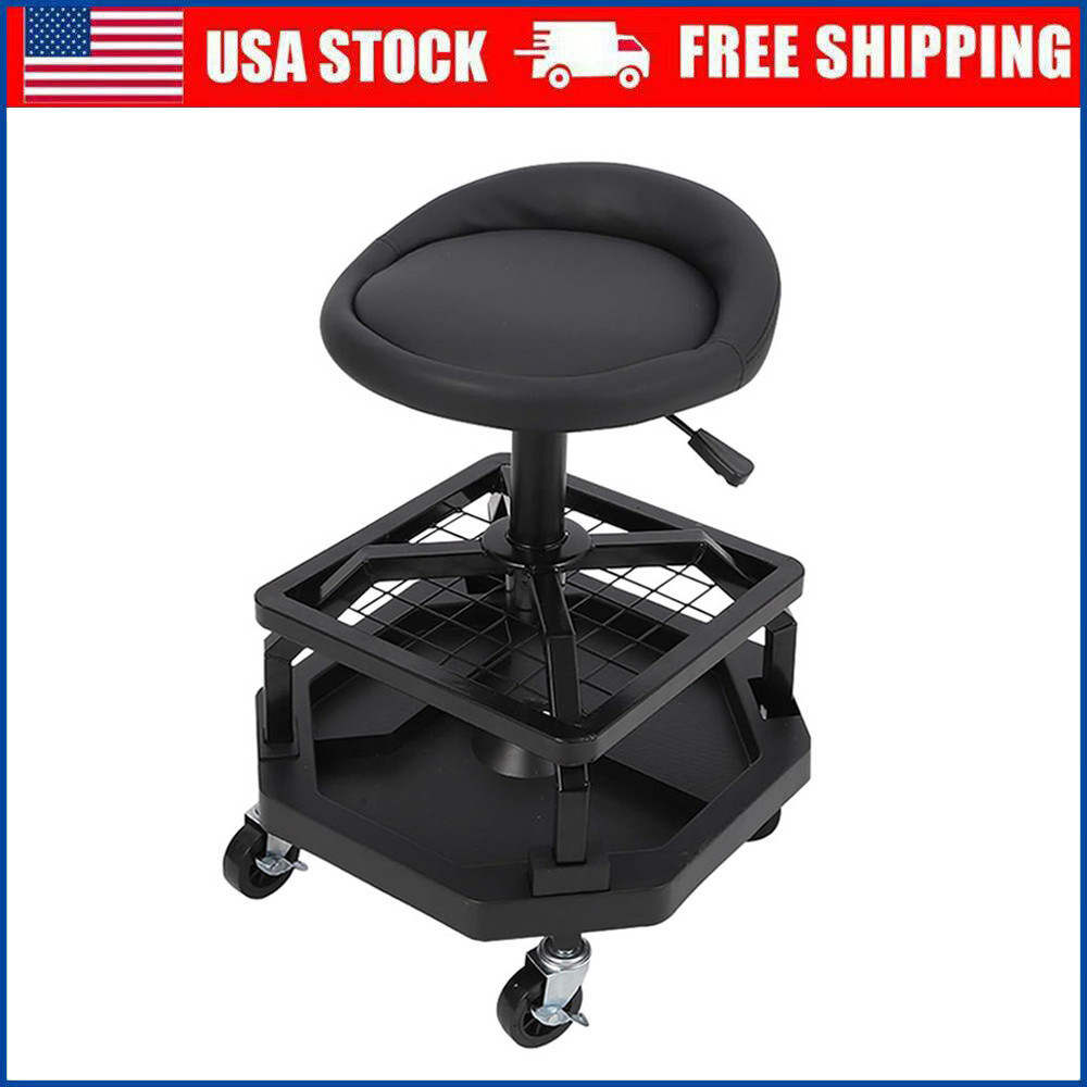 360° Rolling Workshop Garage Stool Chair w/ Sponge Short Back Adjustable Height