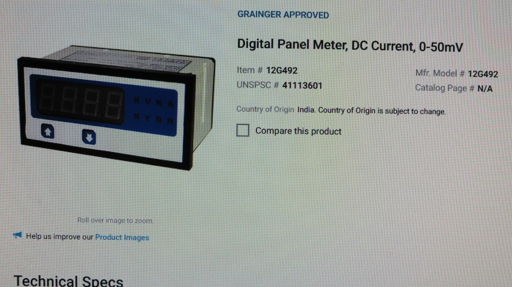 GRAINGER APPROVED DIGITAL METER,DC CURRENT,0-50mV, 12G492