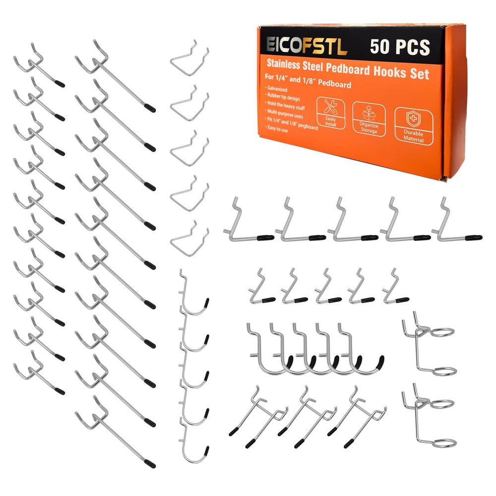 50-Piece Pedboard Hook Set, Durable Metal Hooks for Tool Hangging, Workshop, ...