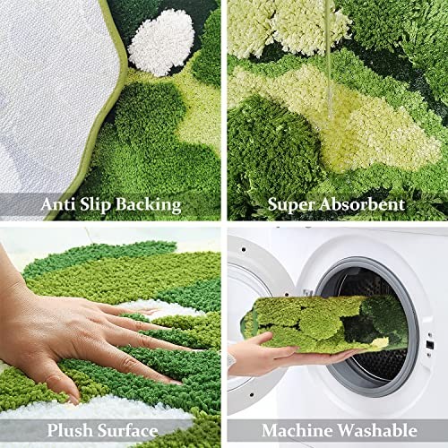 Cute Green Moss Bathroom Runner Rug Long Rectangular Boho Aesthetic Leaf