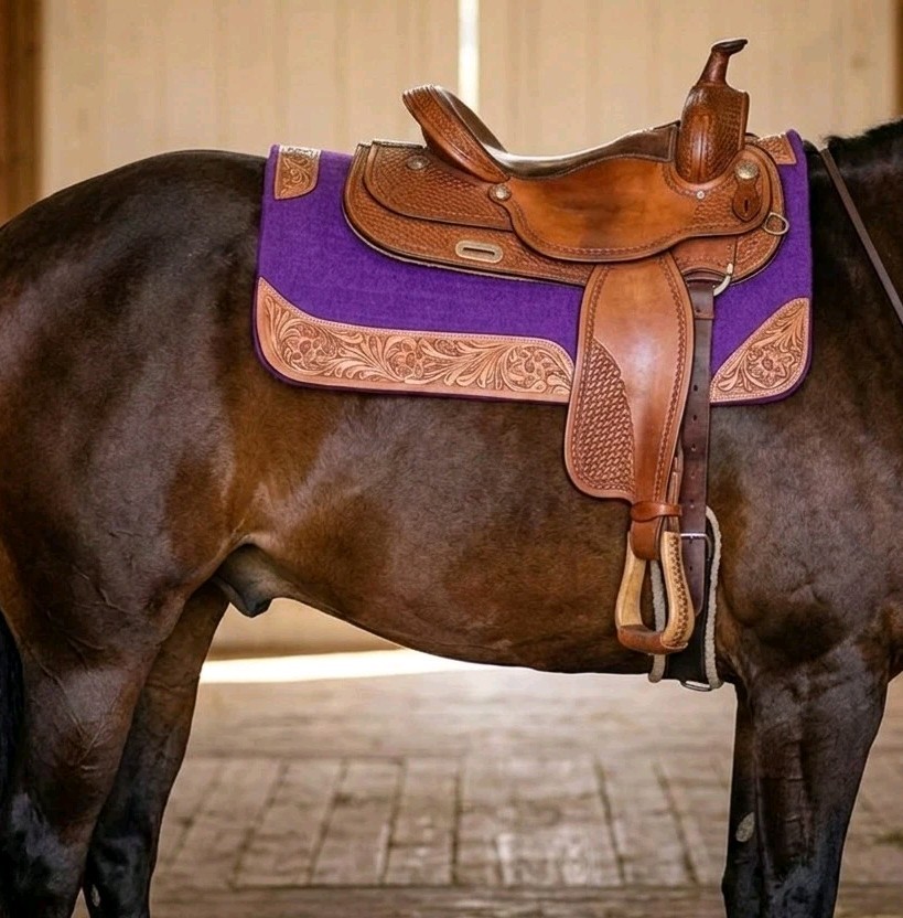 felt saddle pad Purple With Hand Tooled Leather