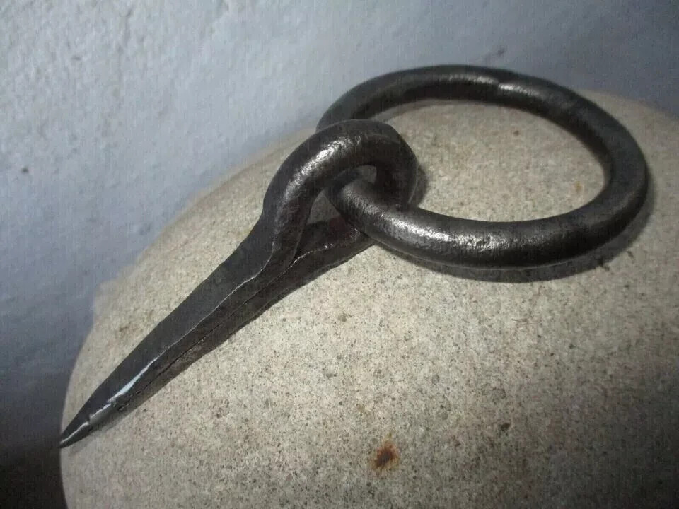Antique Hook Wrought Iron Tethering Ring on Pin Blacksmith Hardware