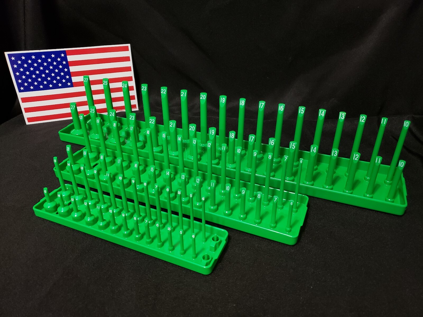 Hansen 6 Pc Socket Tray Metric SAE Tool Rack Holders 1/4" 3/8" 1/2" Green - USA
