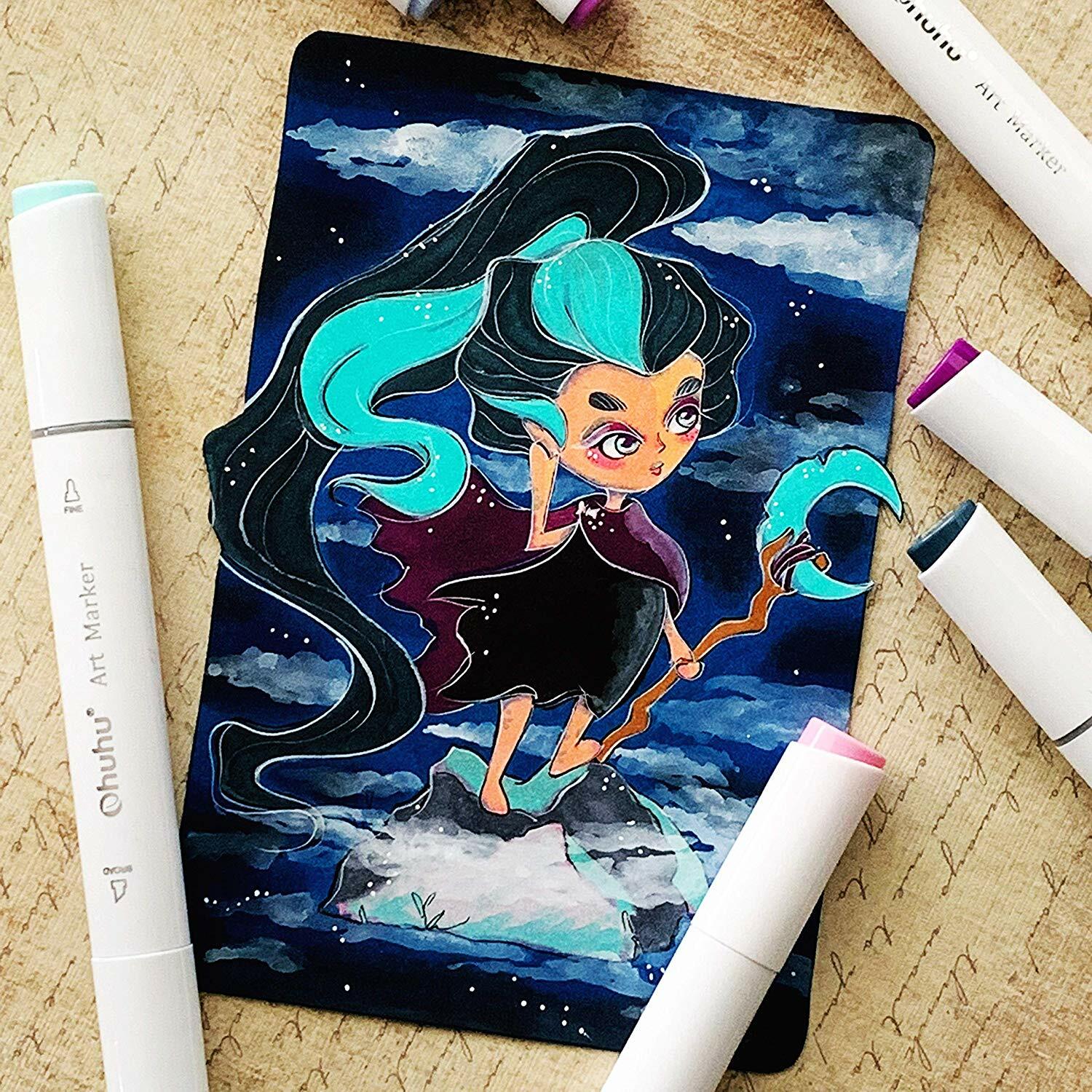 Ohuhu 100 Colors Dual Tip Art Markers, Permanent Marker Pens Highlighters