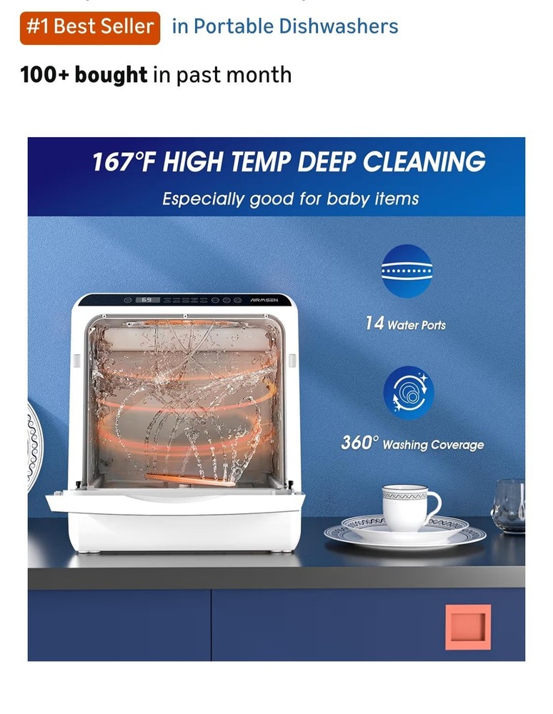 AIRMSEN Portable Countertop Dishwashers, 5 Washing Programs Mini Dishwashers wit