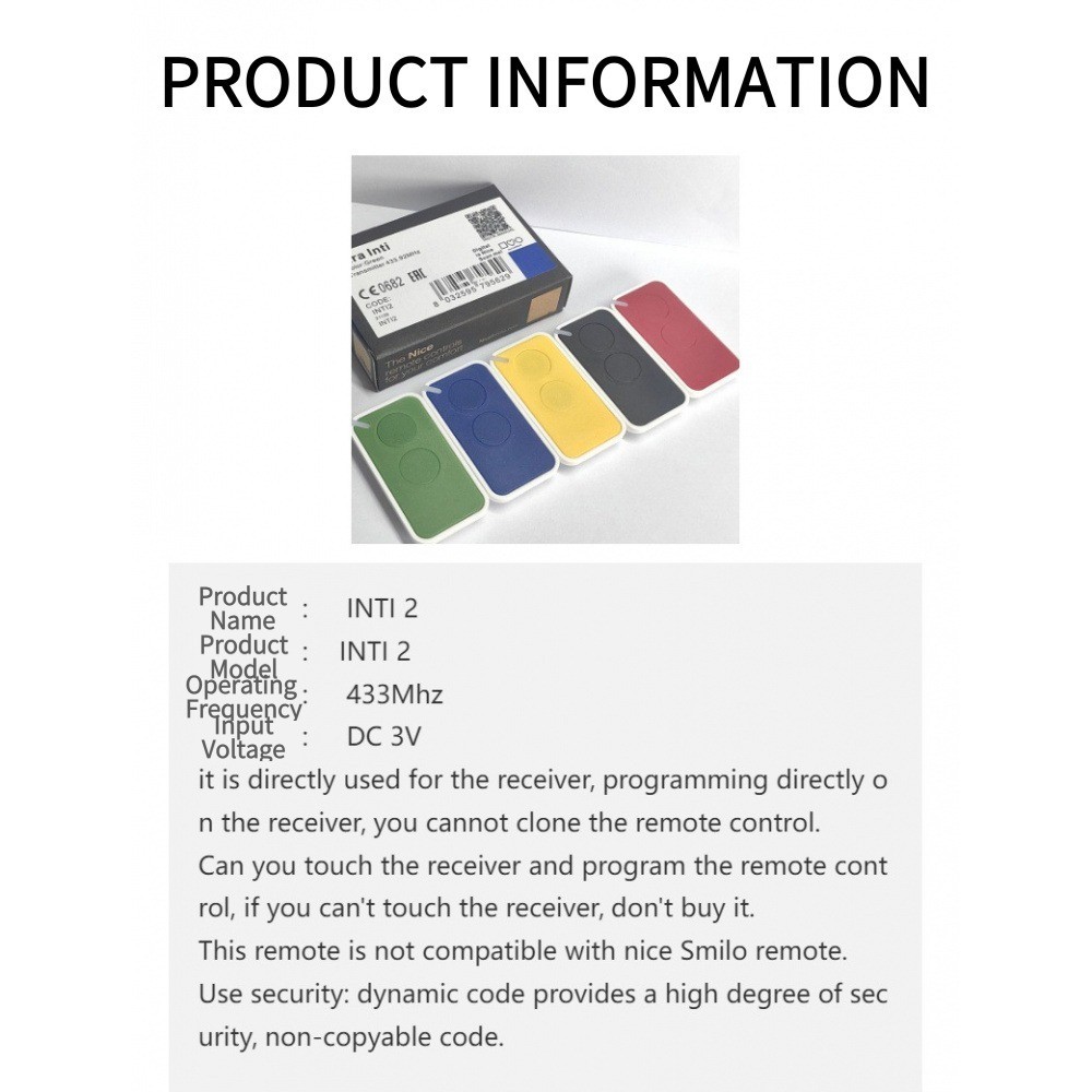 Nice Apollo Rolling Code Remote Control Transmitter Gate Opener INTI2Y