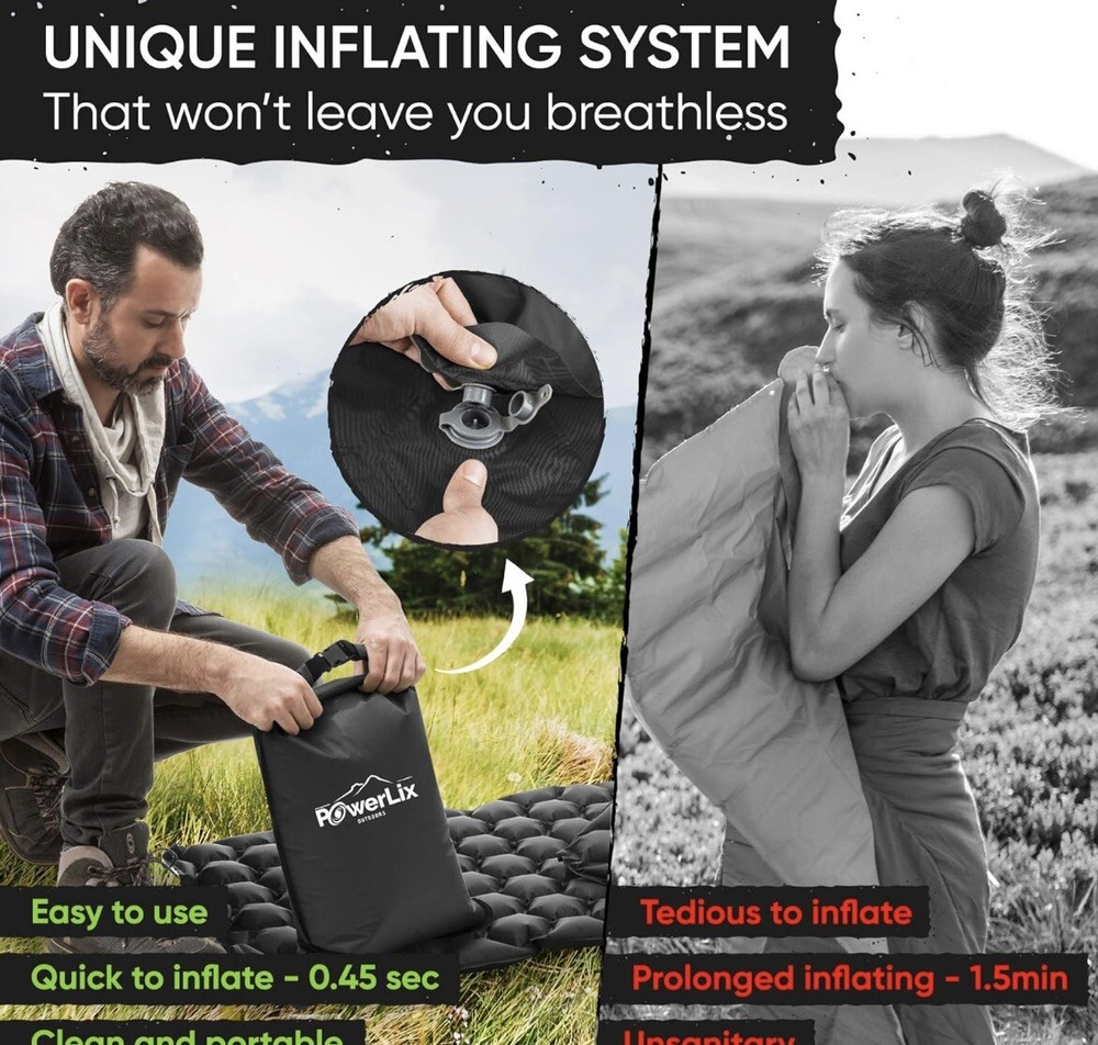 SLEEPING PAD Easy Inflatable Camping Mat, Black Light Weight, Compact, Powerlix