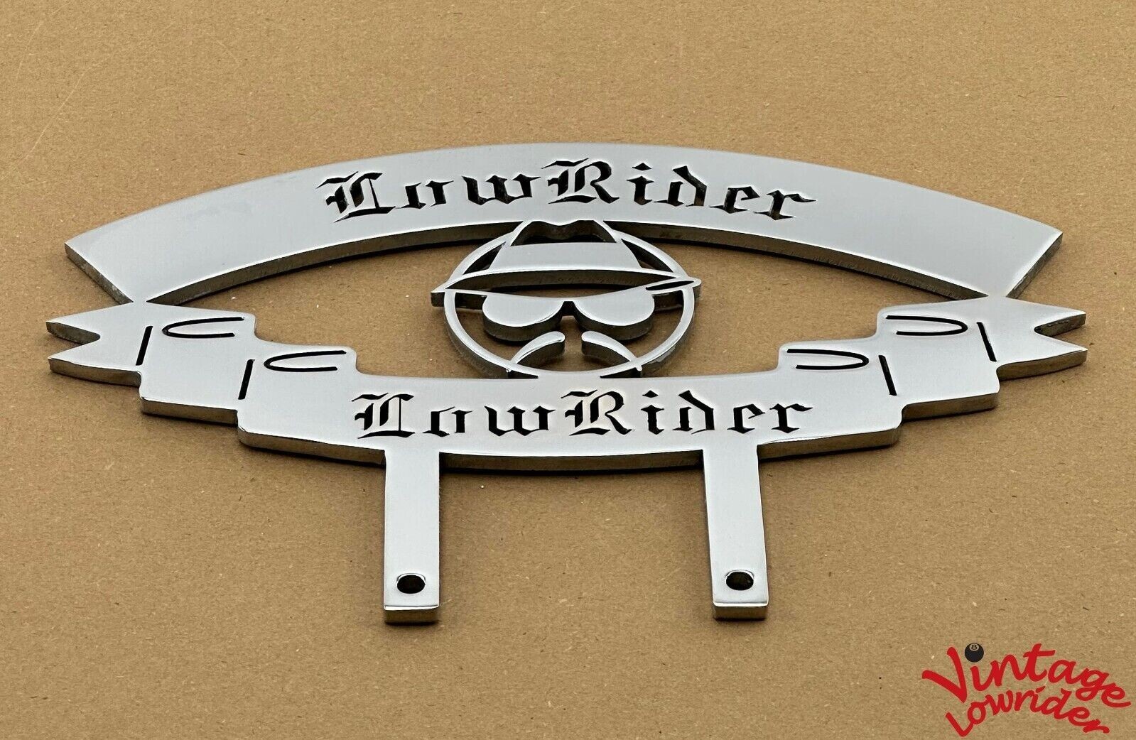 VINTAGE LOWIDER CUSTOM STEEL PLAQUE W/ LOWRIDER LETTER AND HEAD, SHOW PARTS.
