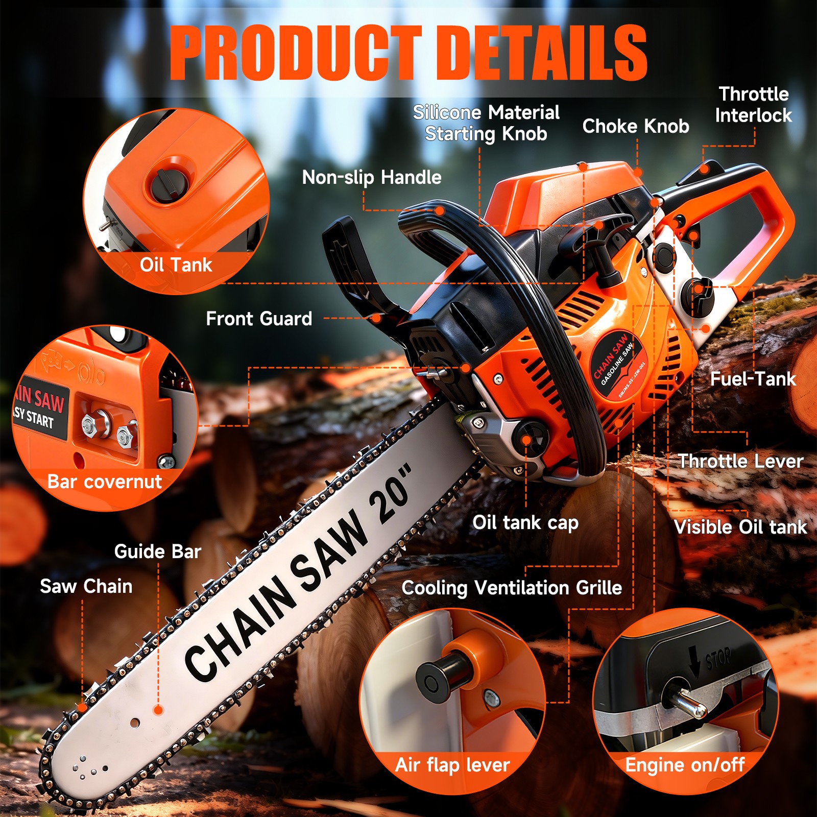 62cc Gas Powered Chainsaw with 20'' Guide Bar Saw Chain 2-Stroke Engine Cut Wood