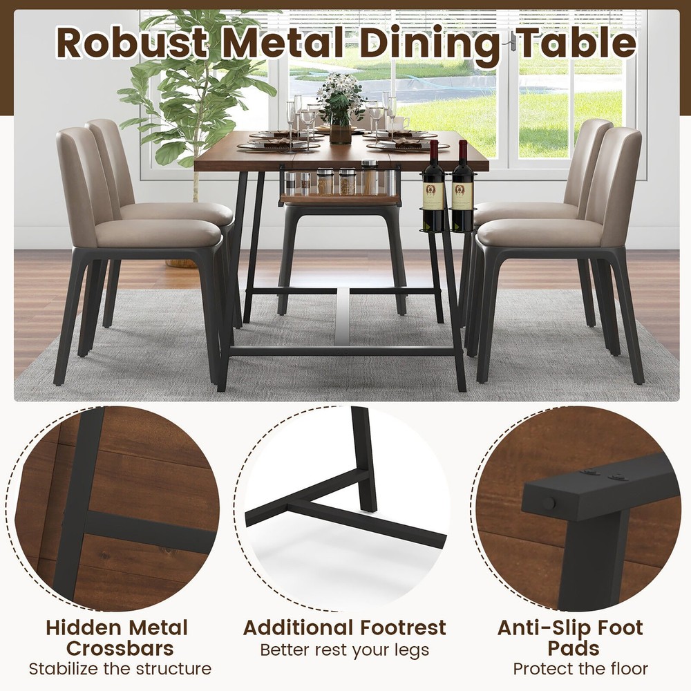 72" Industrial Rectangular Kitchen Table w/ 2-Bottle Wine Rack Condiment Holder