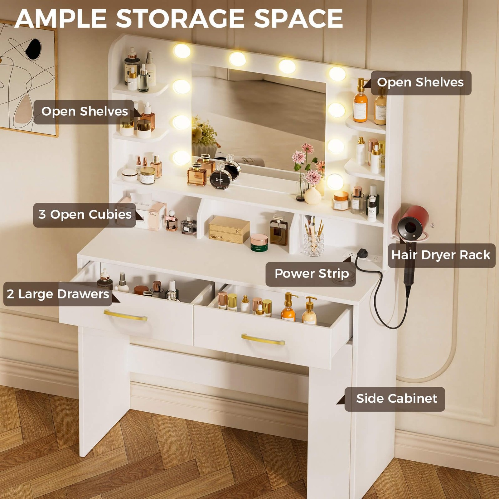 Vanity Desk with Lighted Mirror and Power Outlet, RGB LED Lights Makeup Vanit...