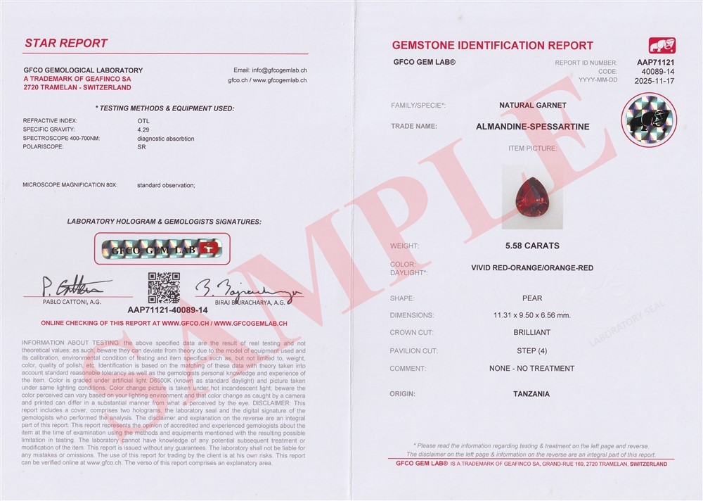 GFCO GEM LAB® Swiss Gem Certificate – Professional Gemological Full Certificate
