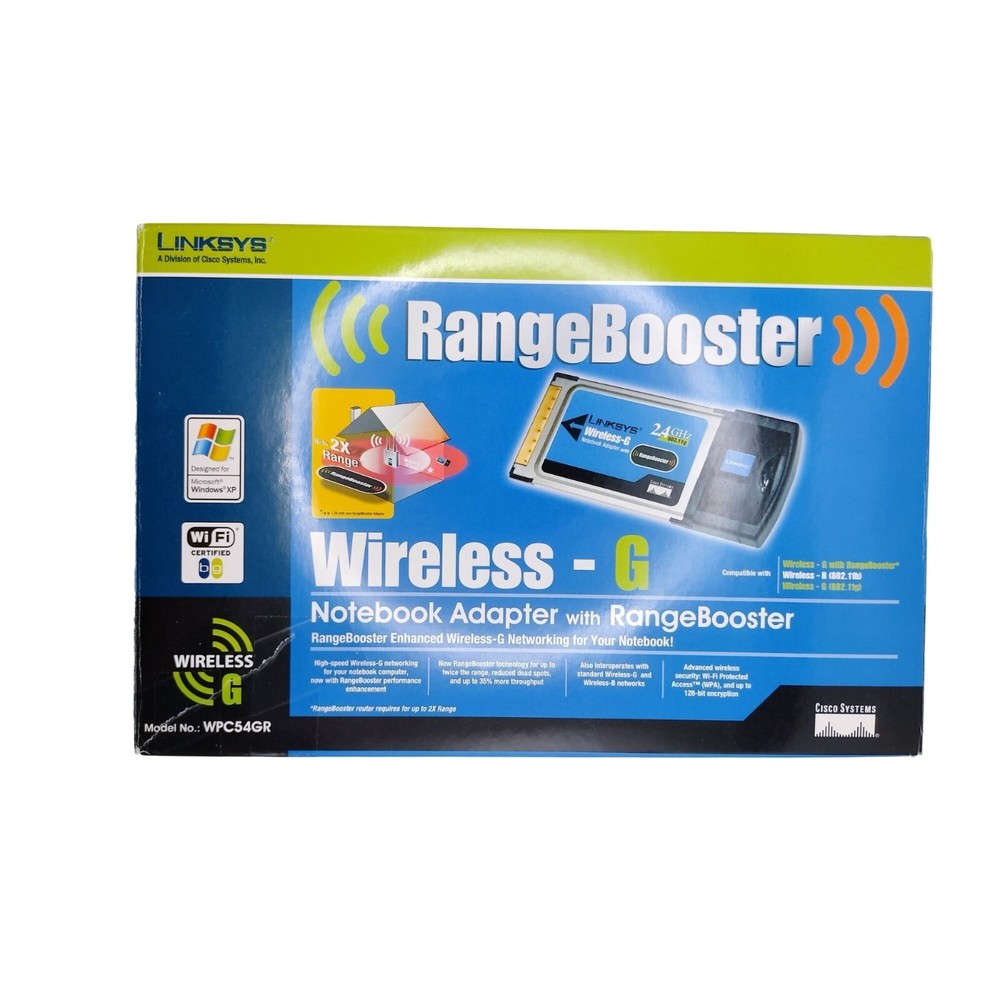 Linksys range booster wireless g & B compatible notebook adapter 2.4Ghz