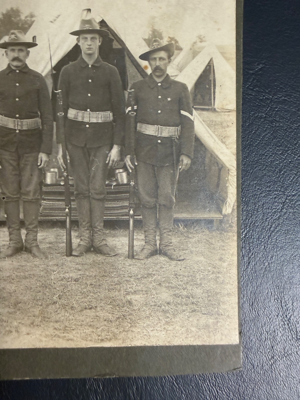 Antique Photo WWI Era US Military Soldiers Campaign Hats Tent Camp USMC Rifle