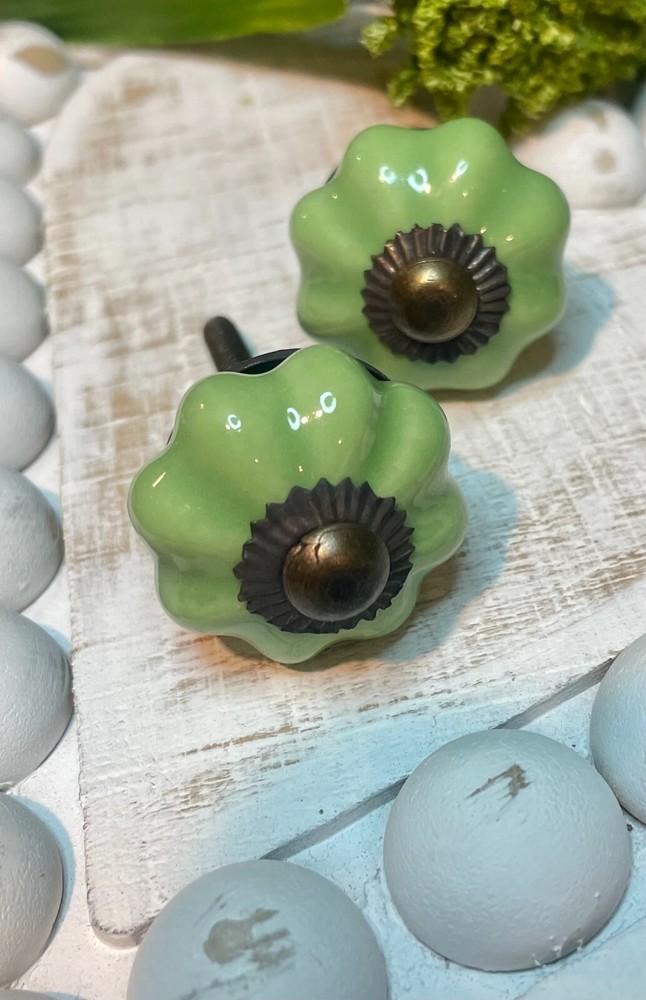 2 Brass 1.25" JADEITE GREEN Kitchen Cabinet Drawer Knobs Depression Caramic