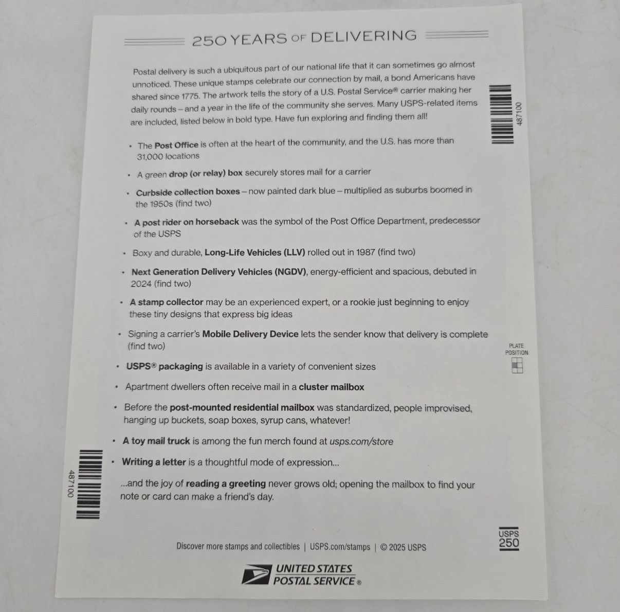 USPS 250 Years Delivering Sheet of 20 Forever Stamps - MNH (6024)