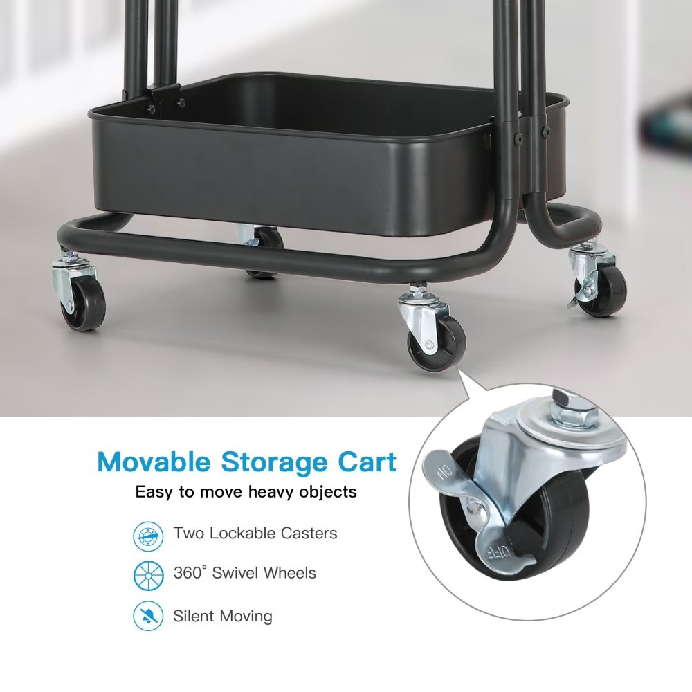 3-Tier Metal Rolling Utility Cart Multi-function Organizer Shelf Kitchen, Black