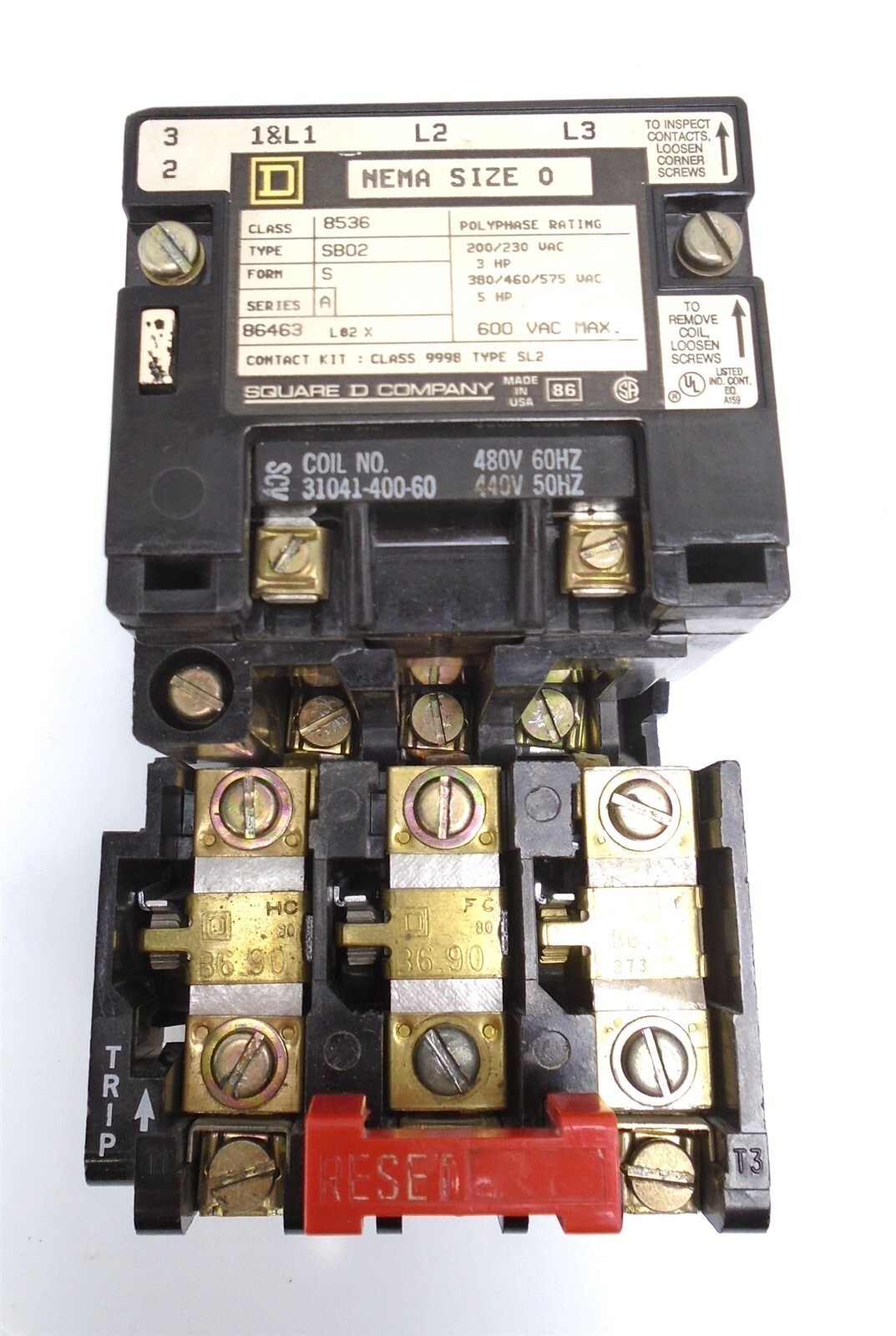 SQUARE-D - 8536-SBO2 SB02 - SZ 0 MOTOR STARTER 3HP/5HP Coil 480V 18A 600V TESTED