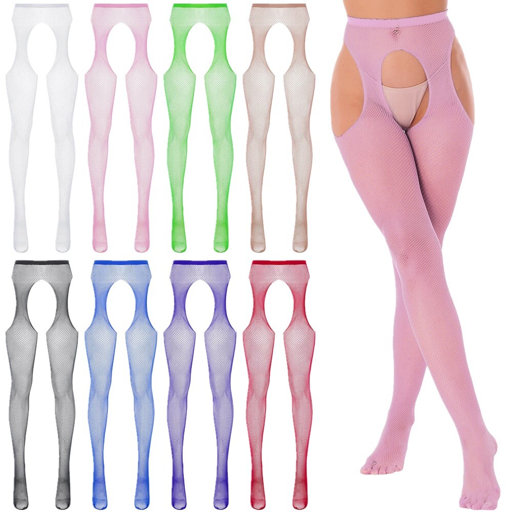 US Women Mid Waist Tights Fishnet Stockings Crotchless Thigh High Pantyhose