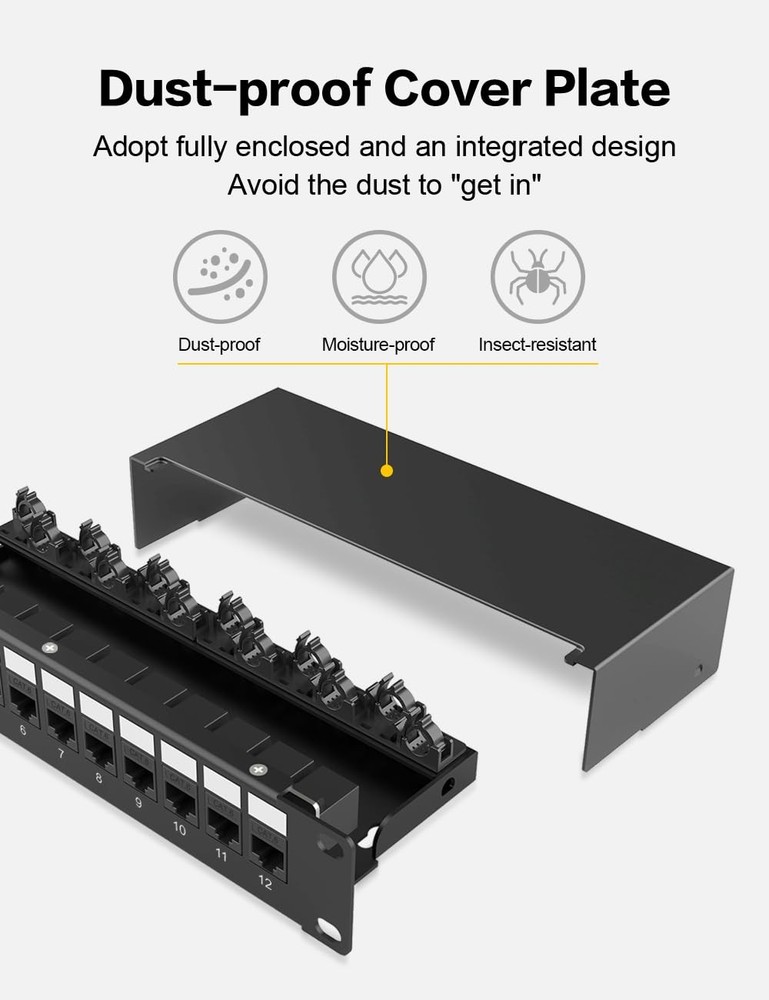 12 Port Keystone Patch Panel CAT6 Rackmount 1U 10 Inch Network Cable Manager