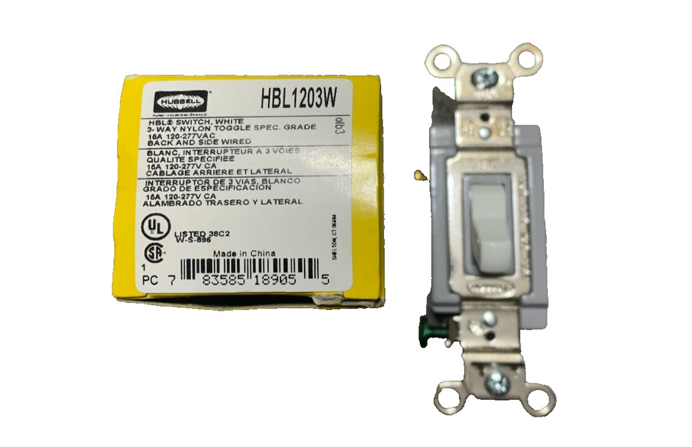 HUBBELL HBL1203W Wall Switch: Toggle Switch, 3-Way, White, 15 A, Screw Terminals
