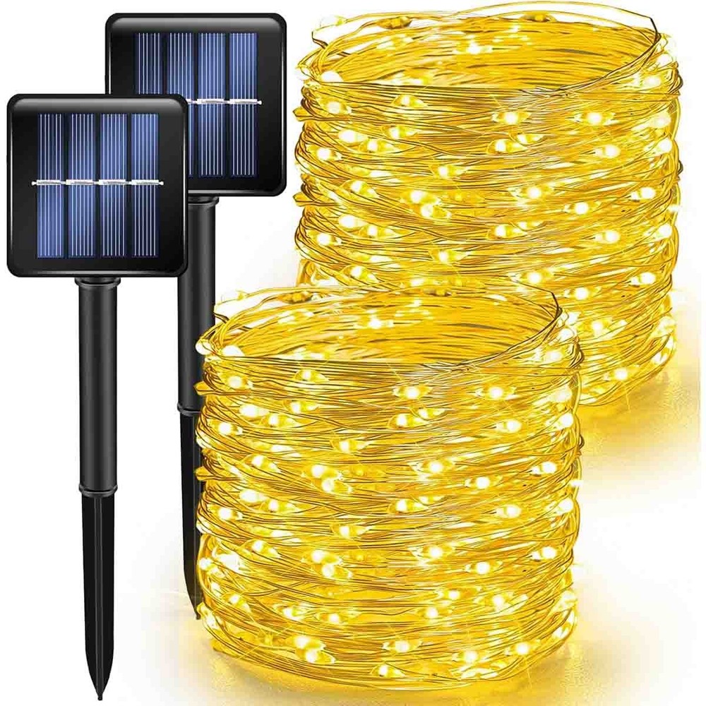 2-Pack 100LED Solar String Lights 8 Modes Copper Wire Waterproof Outdoor Lights