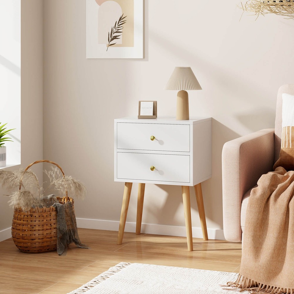 Costway 2PC Modern 2 Drawers Nightstand Sofa Side Table End Table Elegant White