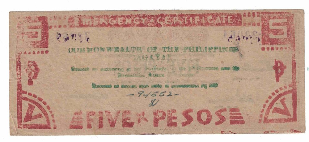 Philippines - Ca. 1942 Five Pesos Emergency Certificate (S191)