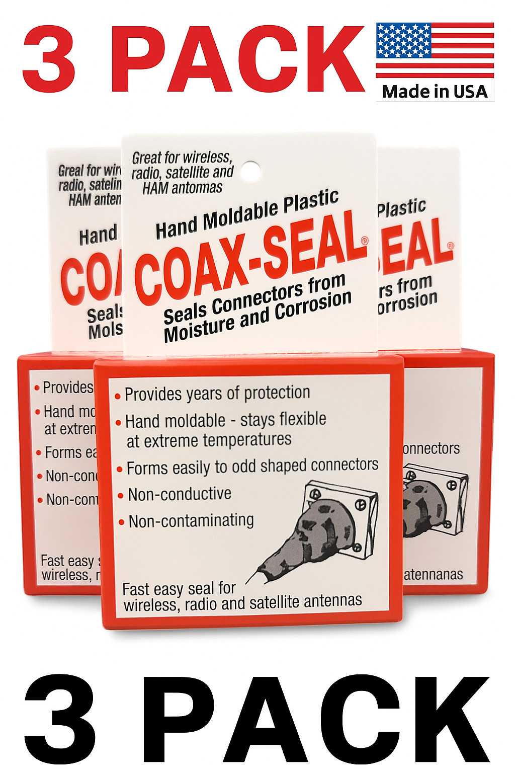 Coax Seal 104 Moldable Watertight Coaxial Cable Seal Tape - 1/2" x 60" - 3 Pack
