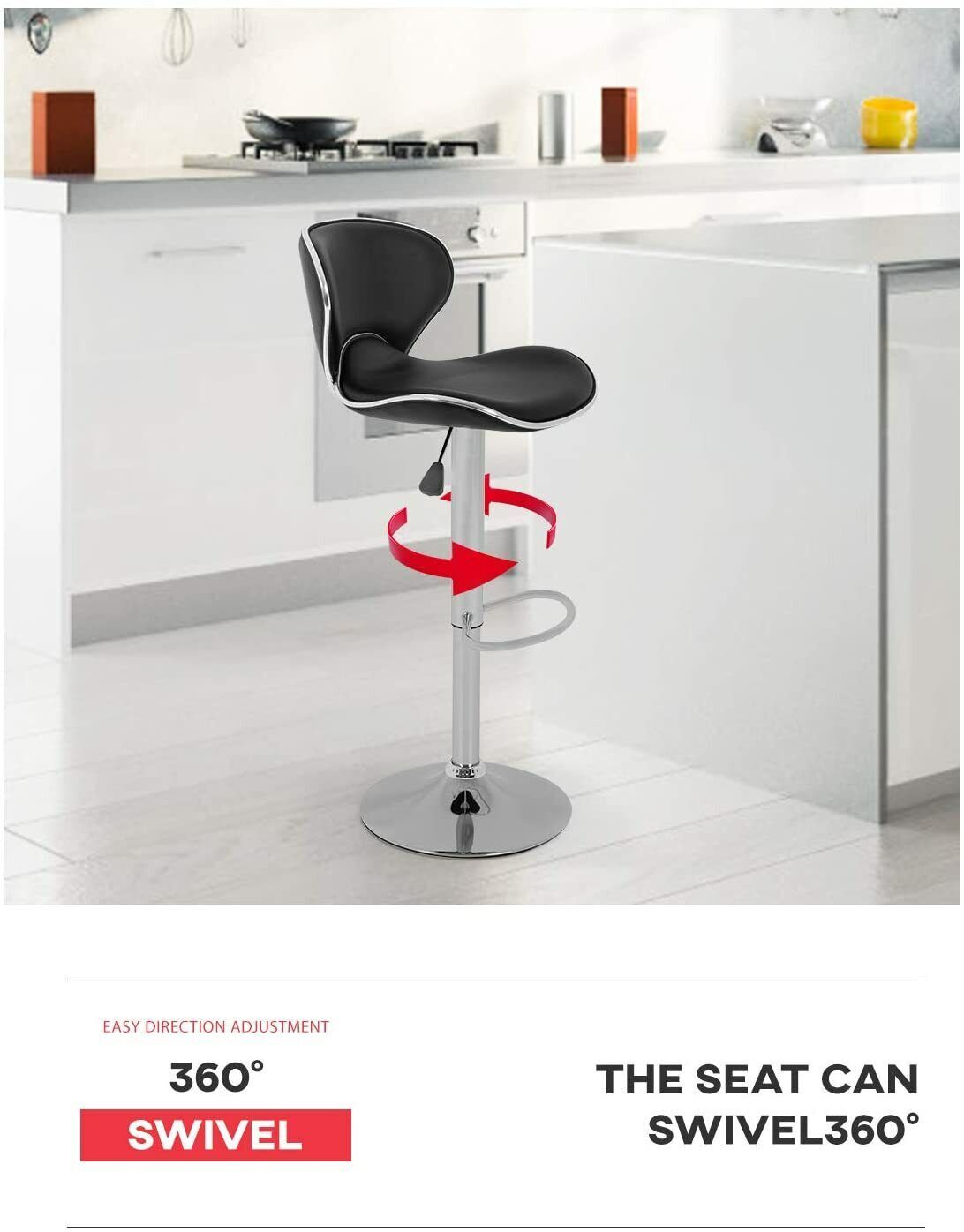 Set of 2 Bar Stools Black PU Leather Modern Hydraulic Swivel Dinning Chair