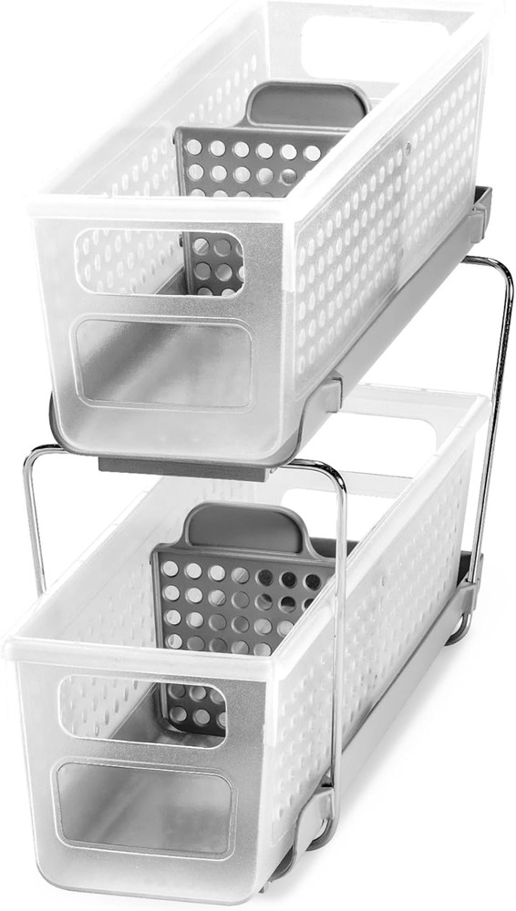 2-Tier Plastic Mini Multipurpose Organizer with Divided Slide-Out Storage Bins,