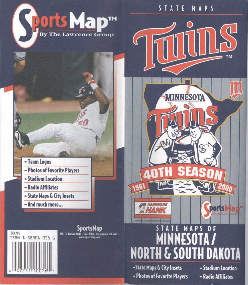 2000 Minnesota Twins 40th Season State Road Map MN, SD, ND
