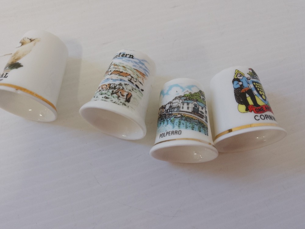 4x Fine Bone China 'Cornish' Themed Thimbles-Gweek, Polperro, Tintern & County