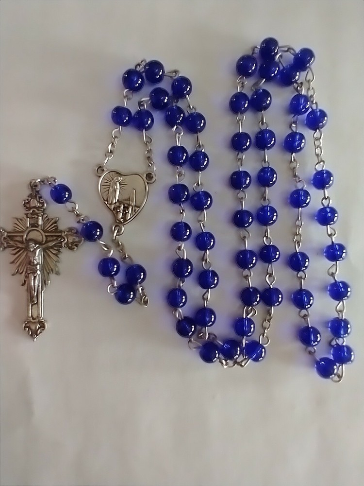 Vintage Catholic Blue Glass Rosary 20"