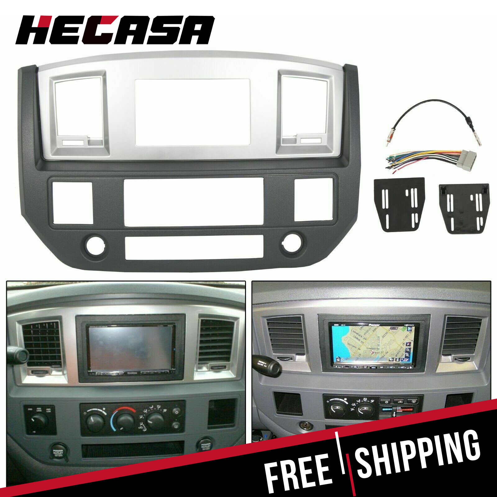 Radio Double Din Dash Install Bezel Kit Silver Slate Grey Fits 2006-09 Dodge Ram