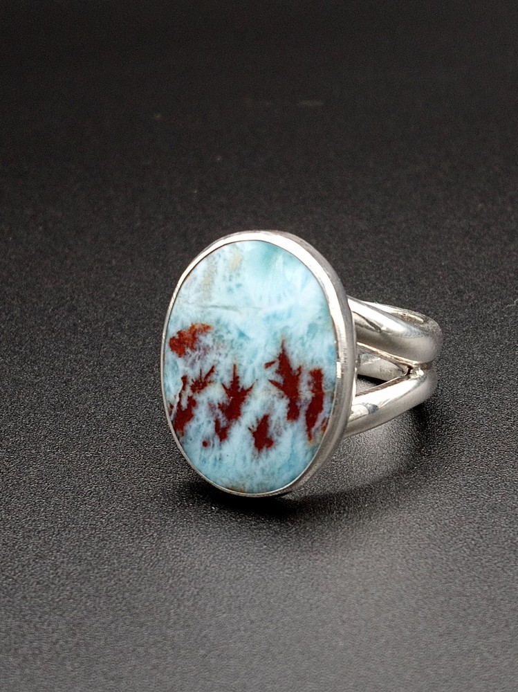 Handmade Wide Oval Dendritic Larimar Ring - Size 7