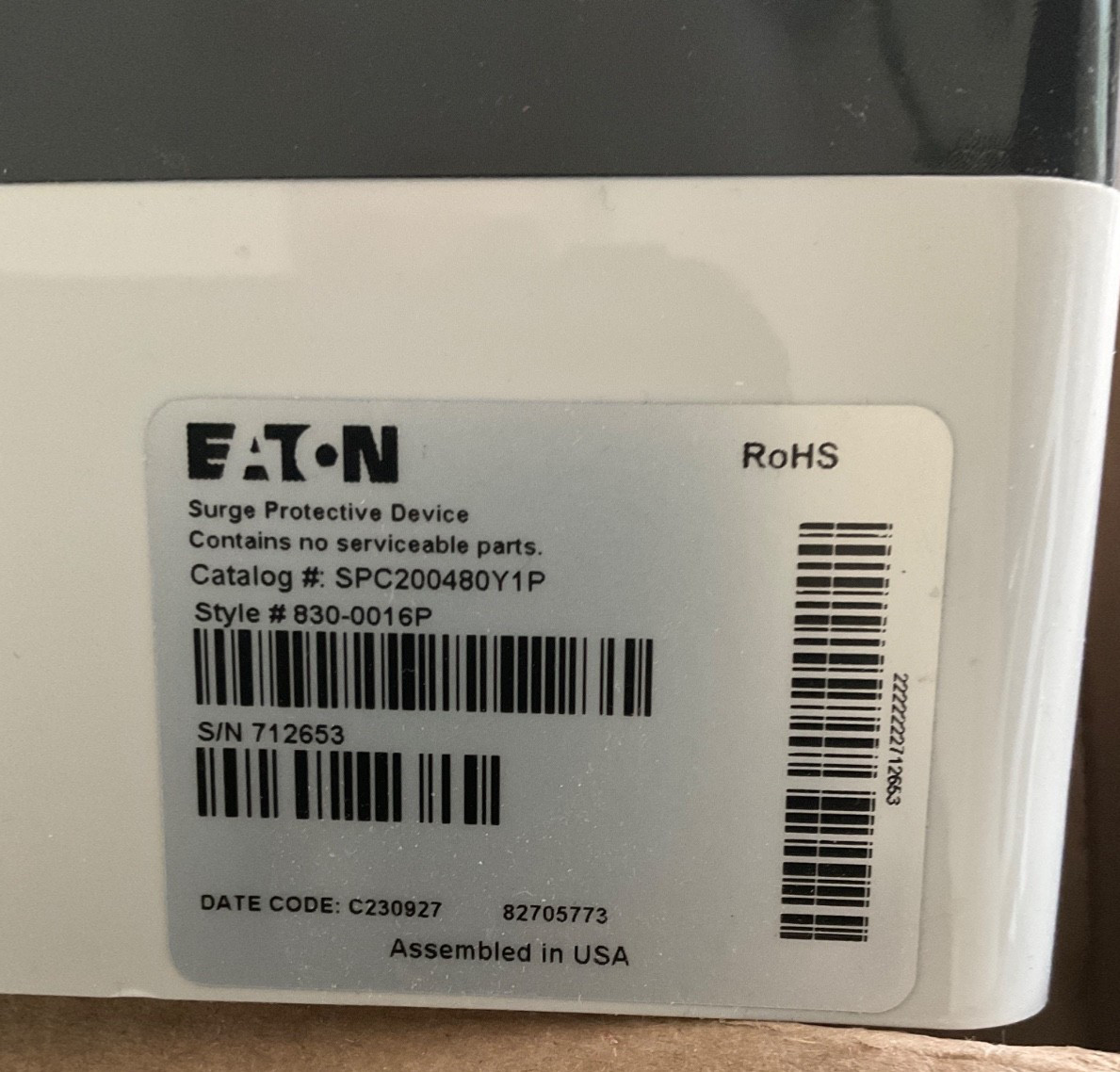 Eaton SPC200480Y1P Surge Protective Device 200KA 480Y/277V 3ph Type 4X Enclosure