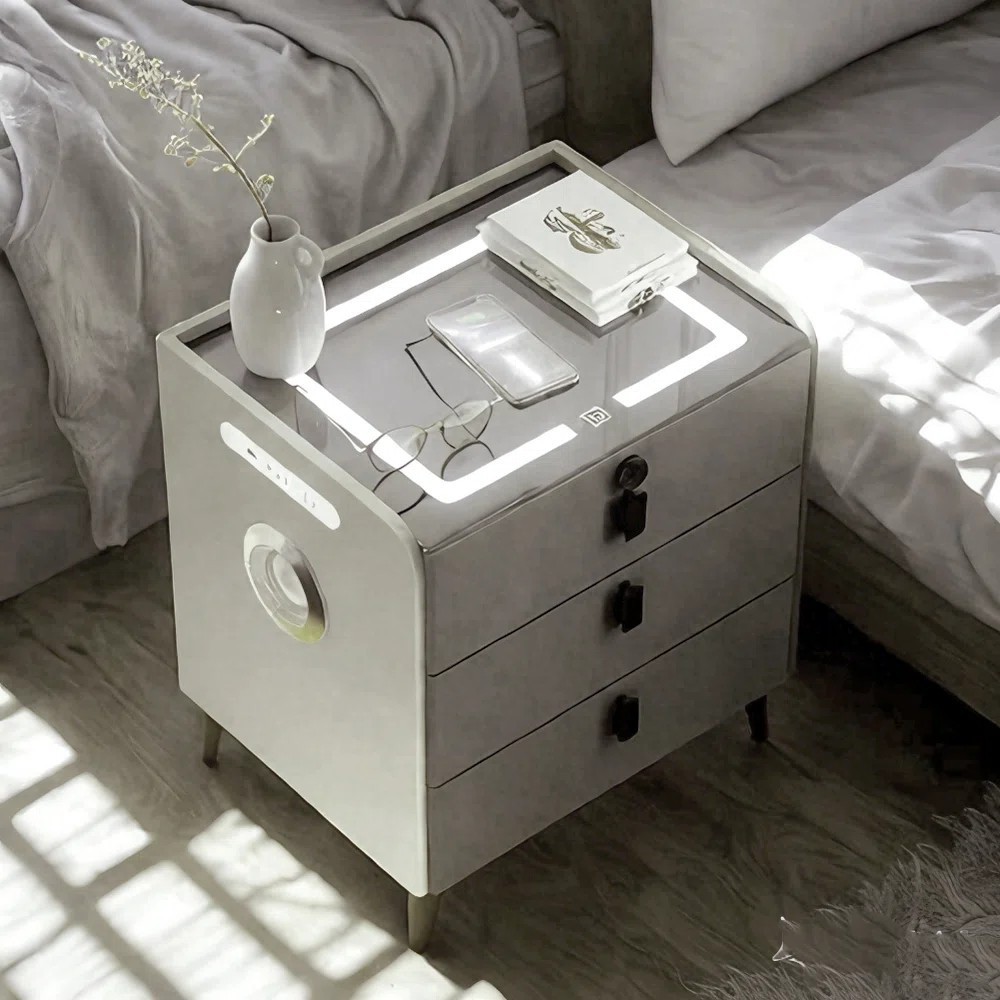 24" Modern Bedroom Smart Bedside Table Fingerprint Unlocking+Bluetooth+Led