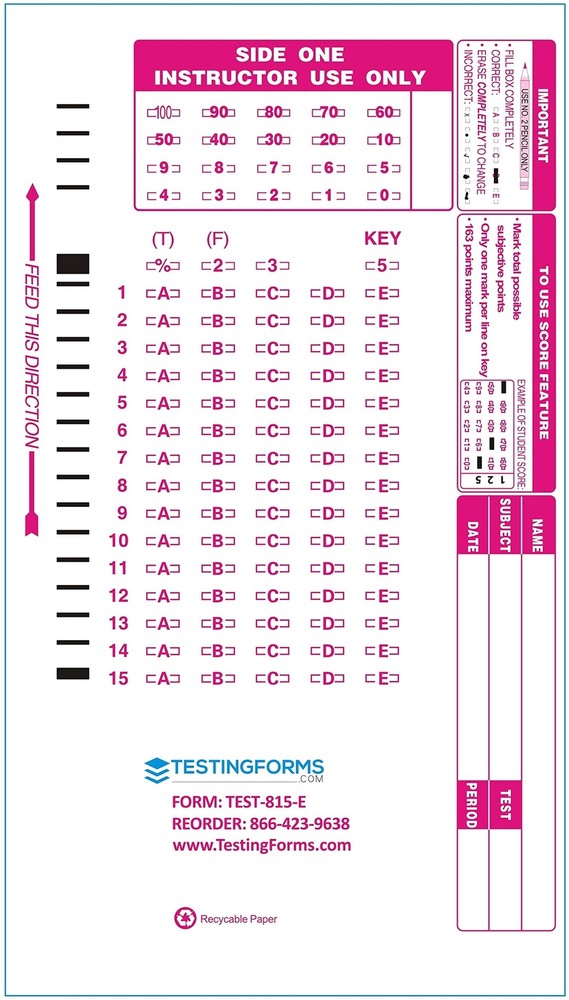 TEST-815E Double Sided 815 E 15 Question Compatible Testing Forms (500 Sheet ...