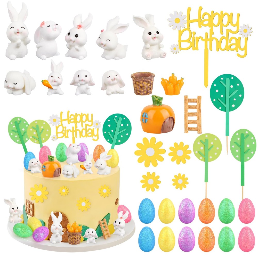 29Pcs Easter Cake Decorations Set with Mini Rabbits, Easter Eggs, Carrots, Ha...