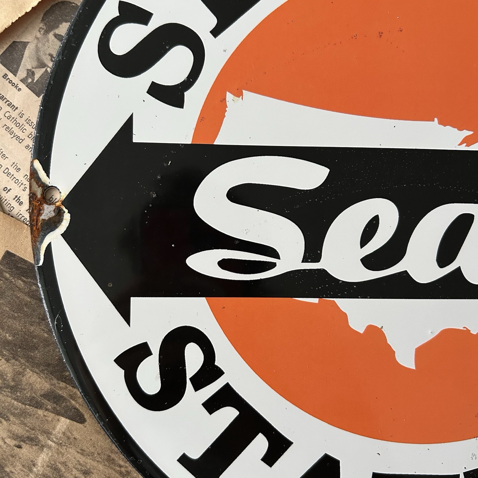 VINTAGE SEARS SERVICE STATION AUTO DEALER GAS OIL 12 INCH PORCELAIN ENAMEL SIGN